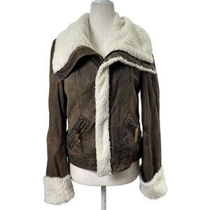 Women Small Sherpa Lined Faux Leather Aviator Bomber Jacket Brown Winter